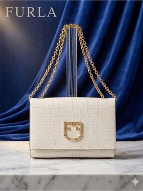 FURLA Viva Cream Croc-Embossed Shoulder/Crossbody Bag with Adjustable Gold Chain